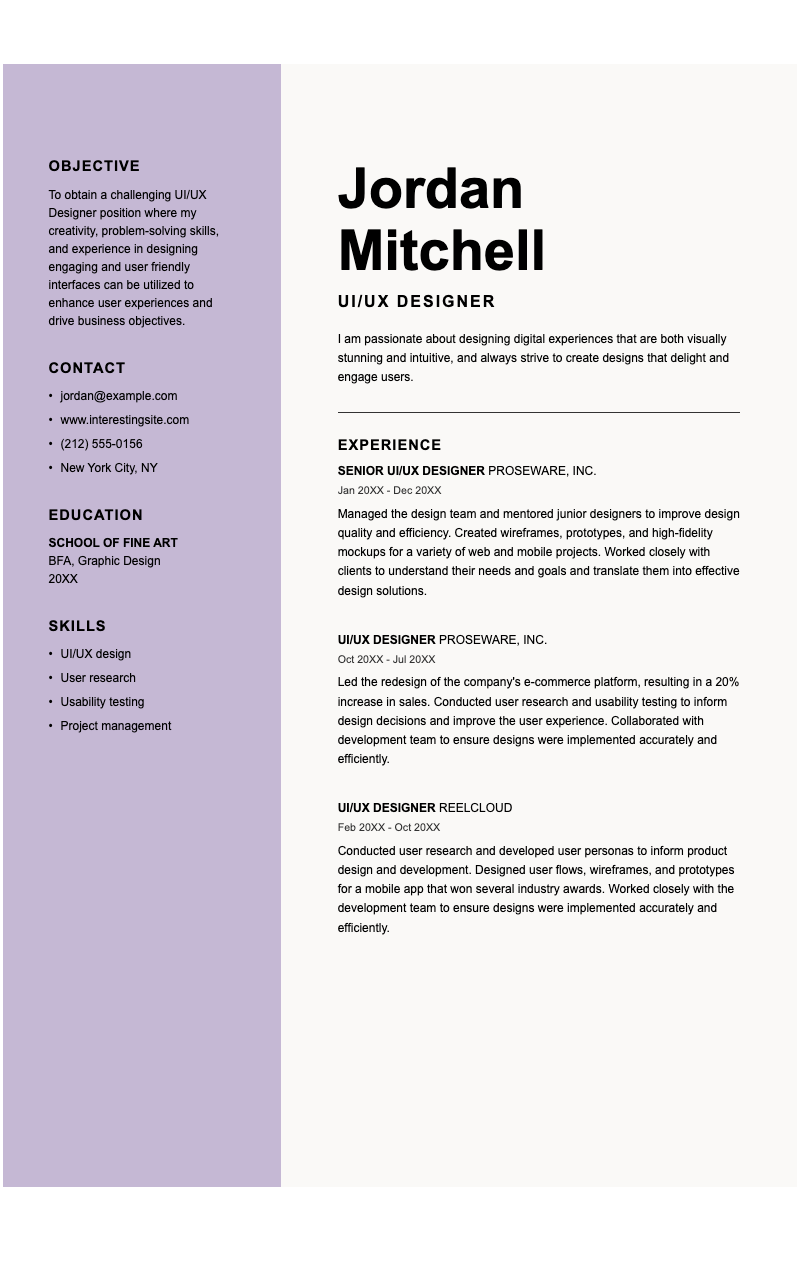 Color block UIUX designer resume - Modern two-column resume template for UI/UX designers with clean typography and organized sections